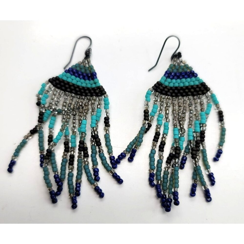 Vintage Microbeaded Earrings Fringe Dangle Boho Tribal Style Blue and Black LI52
